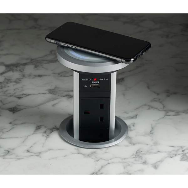 Motorised Powerport Pop Up Socket With Qi & USB Charging - Silver